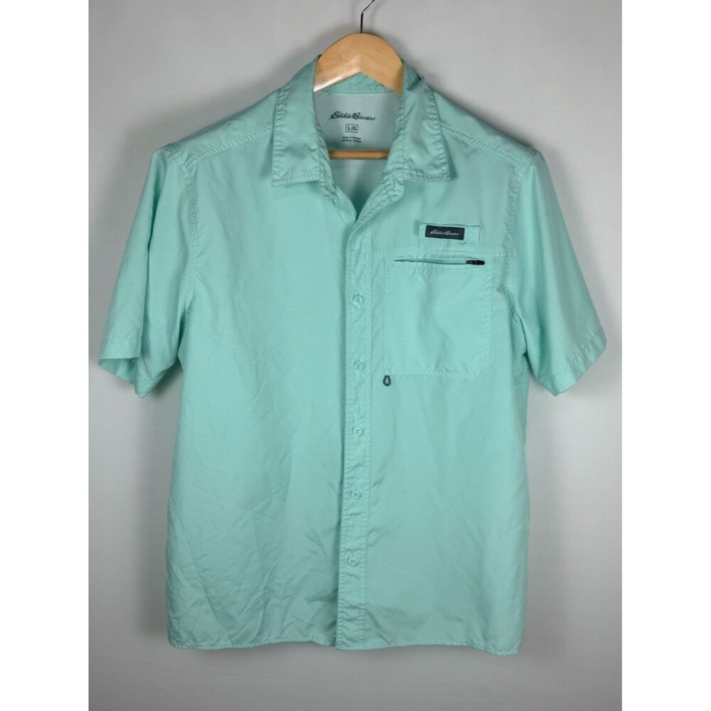 Eddie Bauer Fishing Shirt Mens Large Green Short Sleeve Button Up Vent Preppy